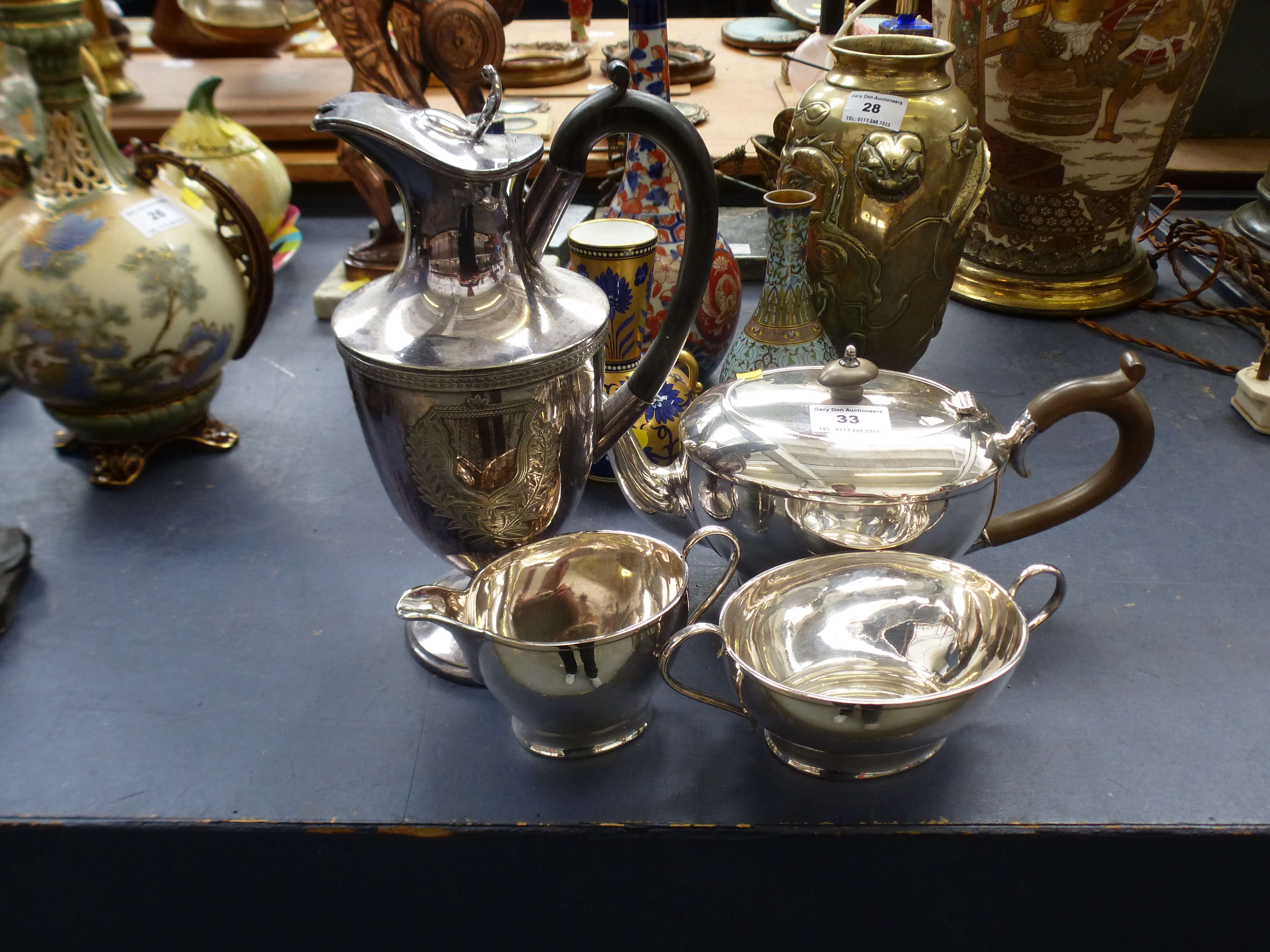 3 PIECE EPNS TEASET AND A W.W.H & CO JUG