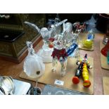 4 GLASS FIGURES - DOG, CLOWN, OWL AND LADY