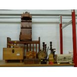 ASSORTED WOODWARE INCLUDING MAGAZINE RACK, SHOE POLISH BOX, RUSSIAN DOLLS, CLOCK, CANDLESTICK,