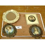 3 MINIATURE PORTRAITS 2.25" X 2" AND 1.75" X 1.5" AND A CARVED FRAME