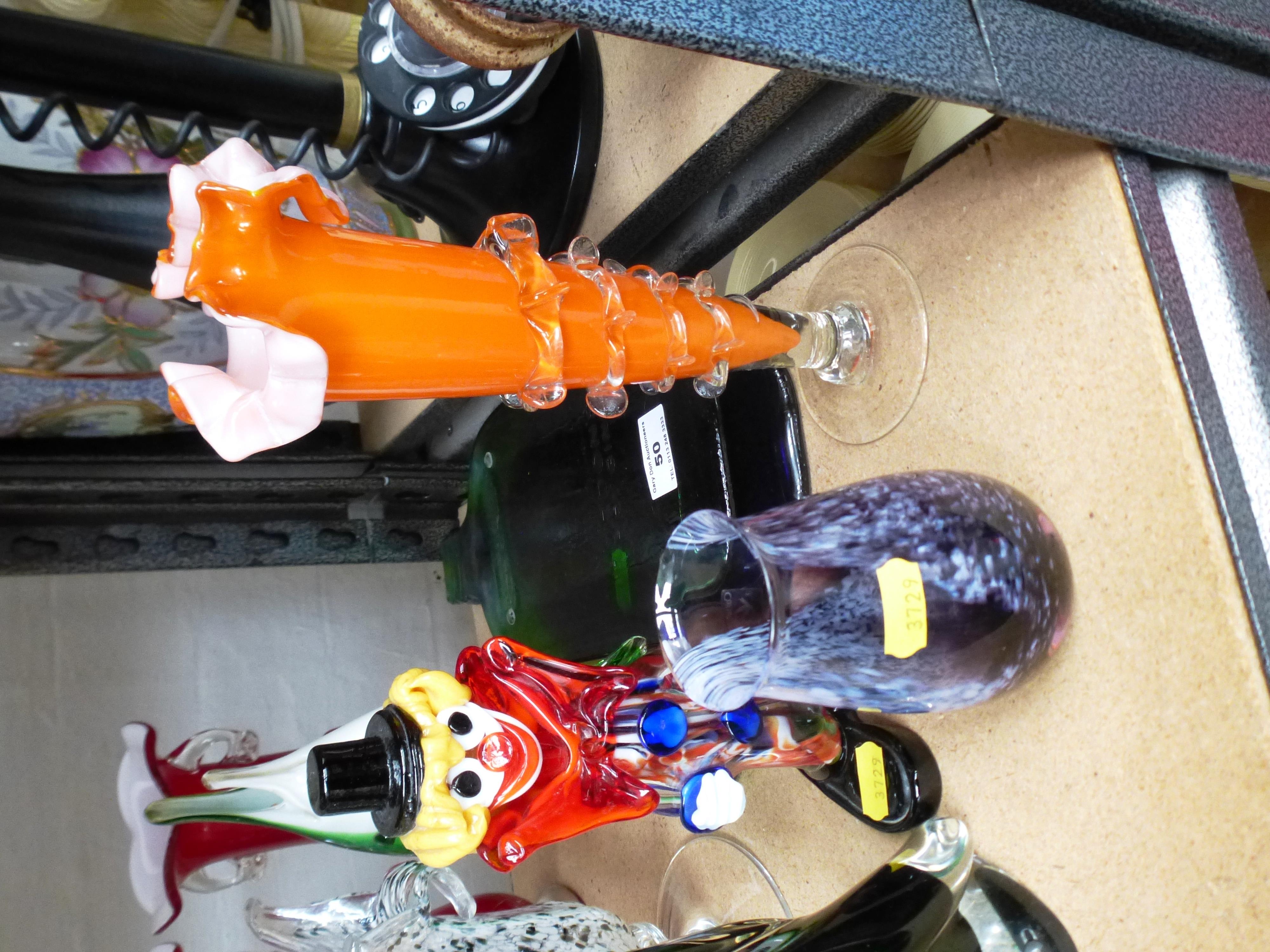 GLASSWARE INCLUDING CLOWN FIGURE, VASES AND FLATTENED BOTTLES - Image 2 of 6