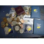 BAG OF UK COINS INCLUDING 2 FIRST DECIMAL SETS, 5 CROWNS, 1819 HALF CROWN ETC