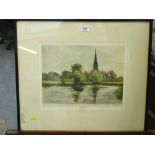 SALISBURY CATHEDRAL FROM THE RIVER ORIGINAL ETCHING BY TATTON WINTER, R.B.A. 10.75" X 14"