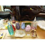 11 ASSORTED PIECES OF GLASS INCLUDING VASES, PAPERWEIGHT, BELL, MDINA ETC