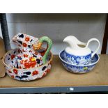 IRONSTONE JUG AND BOWL SET AND MASONS BLUE AND WHITE JUG AND BOWL SET