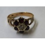 9K GOLD DIAMON AND RED STONE RING SIZE:M/N W:2.8G