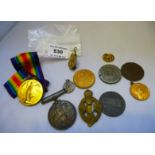 2 FIRST WORLD WAR MEDALS AWARDED TO 2207 PTE N. AVISON W.RID.R WITH TOKENS, BADGES AND MEDALLIONS
