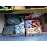 2 BOXES OF ASSORTED TOYS INCLUDING ROGER RABBIT SUPER FLEXIE, ARMY VEHICLES, BATTERY OPERATED BURGER