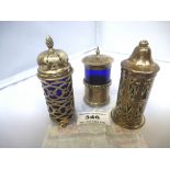 3 SILVER AND GLASS CONDIMENT POTS W: 2.5 OZT