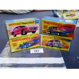 4 BOXED MATCHBOX VEHICLES - 22 FREEMAN INTERCITY COMMUTER, 37 SOOPA COOPA, 61 BLUE SHARK AND