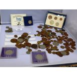 BAG OF ASSORTED UK COINS INCLUDING FIRST DECIMAL COINS SET, EEC COMMEMORATIVE 50P PIECES ETC