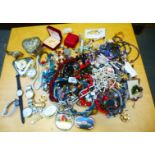 BOX OF ASSORTED COSTUME JEWELLERY, WATCHES, TRAVEL CLOCK, TRINKET POTS ETC