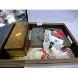 STAMP ALBUM, LOOSE STAMPS AND TIN OF ASSORTED COINS