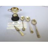 SILVER TROPHY, 3 SILVER SPOONS AND A SILVER BOOKMARK TOTAL W: 1.7OZT