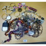 BOX OF ASSORTED COSTUME JEWELLERY INCLUDING BEADS, POCKET WATCH AND HIP FLASK