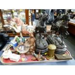 QUANTITY OF ASSORTED ITEMS INCLUDING SPELTER FIGURES, MONEY BANK, FIGURES, WHISTLE, CORKSCREW,