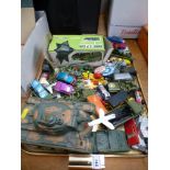 TRAY OF ASSORTED VEHICLES AND FIGURES INCLUDING AIRFIX, DINKY AND CORGI