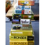 9 BOXED MODEL KITS - IRONSIDE, GLENCOE MODELS, GECKO MODELS, RPM, HASAGAWA AND HELLER