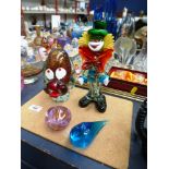 GLASS CLOWN, DOG, BIRD AND PAPERWEIGHT