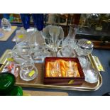 TRAY OF ASSORTED GLASS INCLUDING PAPERWEIGHTS, BURNS CRYSTAL GLASSES INCLUDING EDINBURGH CRYSTAL, ST