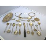 SILVER PIN TRAY, ASSORTED SILVER SPOONS, 2 BANGLES, CIGAR CUTTERS AND STRAINER TOTAL W: 7.8 OZT