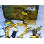 TIN OF ASSORTED COSTUME JEWELLERY, WATCHES AND LIGHTERS