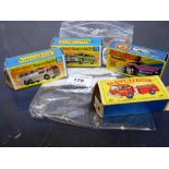 4 BOXED MATCHBOX VEHICLES - 29 FIRE PUMPER TRUCK, 30 BEACH BUGGY, SUPERFAST 66 GREYHOUND COACH AND