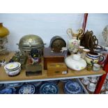 QUANTITY OF ASSORTED ITEMS INCLUDING MANTLE CLOCK, MONEY BOX, BOXES, JUGS, VASE, LAMP ETC