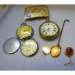 3 POCKET WATCHES, 2 LOCKETS, BELT BUCKLE AND A BROOCH