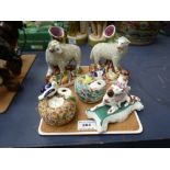 4 STAFFORDSHIRE FIGURE VASES AND A GIRL AND DOG FIGURE