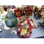 6 PIECES OF COLOURED GLASS INCLUDING VASES AND DISHES