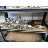 QUANTITY OF ASSORTED PLATED WARE INCLUDING TEASET, CANDLE STICKS, CUTLERY, DISHES ETC
