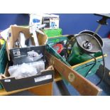 2 BOXES OF ASSORTED TOOLS AND ACCESSORIES INCLUDING CIRCULAR SAW, FENCE SPRAYER, SMALL TOOLSET,