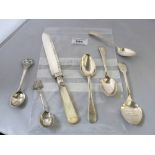 6 ASSORTED SILVER SPOONS W: 3OZT AND A SILVER BANDED MOTHER OF PEARL HANDLED KNIFE