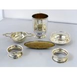 ASSORTED SILVER ITEMS INCLUDING SILVER CUP, STRAINER, NAPKIN RINGS AND INK BLOTTER 3.8OZT