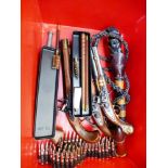 4 REPLICA PISTOLS, GUN CLEANING KIT, WHIP, SHELL AND BULLET BELT