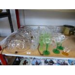 QUANTITY OF ASSORTED GLASSWARE INCLUDING COLOURED GLASSES, LIGHT SHADES AND DECANTERS
