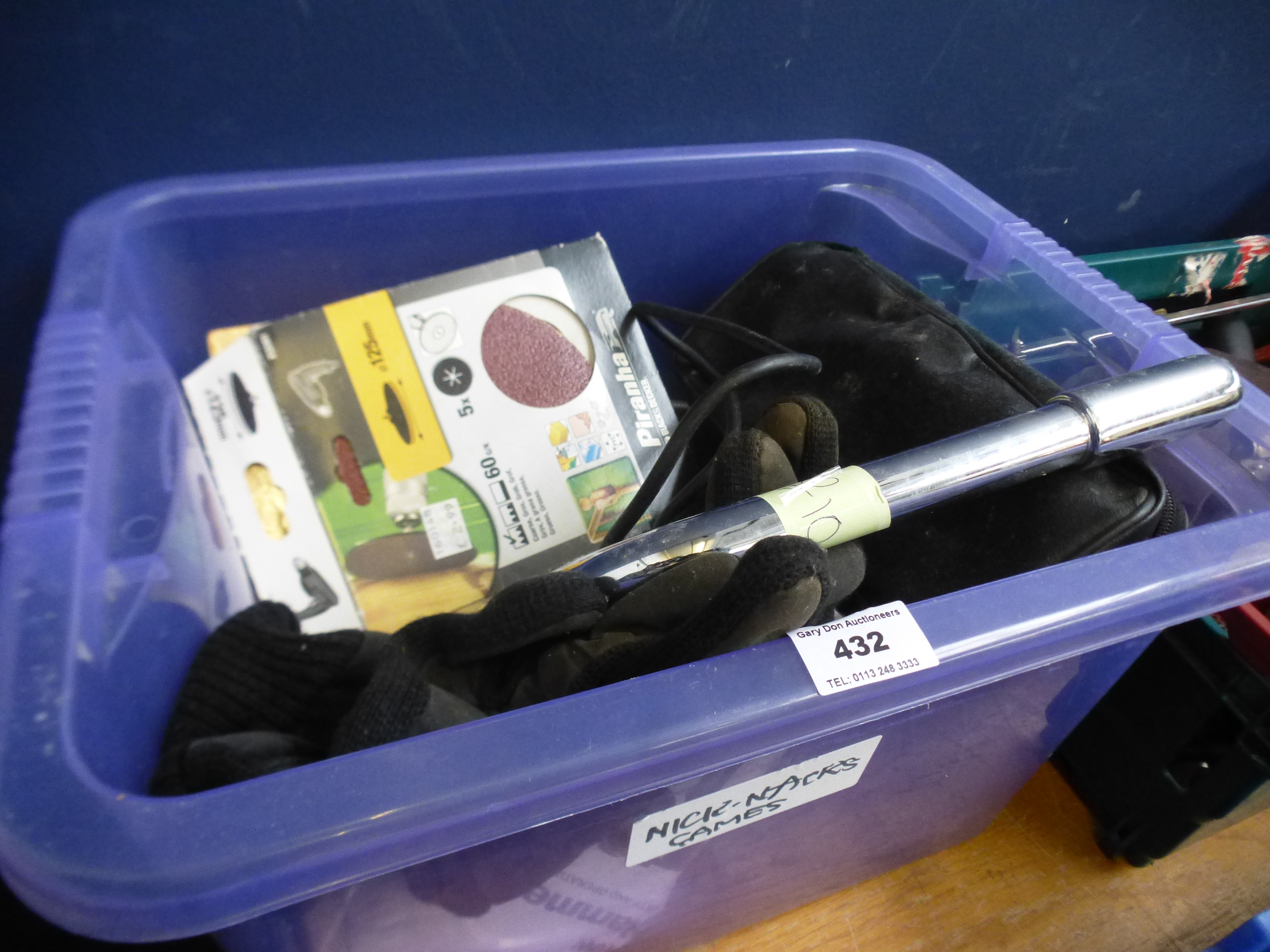 BOX OF ASSORTED TOOLS AND ACCESSORIES INCLUDING BLACK AND DECKER DRILL, HAMMER DRILL, GLOVES, TAP