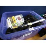 BOX OF ASSORTED TOOLS AND ACCESSORIES INCLUDING BLACK AND DECKER DRILL, HAMMER DRILL, GLOVES, TAP