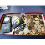 BOX OF ASSORTED UK AND FOREIGN COINS AND BANK NOTES INCLUDING CROWNS, GERMAN BANK NOTES, FESTIVAL OF