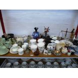 QUANTITY OF ASSORTED POTTERY AND ORNAMENTS INCLUDING PART TEASETS, WEDGWOOD, BLUE ADN WHITE,