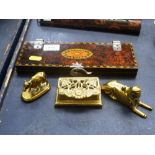 ACME TIE PRESS, 2 BRASS TRINKET POTS AND BRASS FIGURE