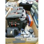 BOX OF ASSORTED CAMERAS AND ACCESSORIES INCLUDING PRAKTICA, CANON, JVC VIDEO CAMERA, PRAKTICAR