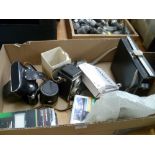 BOX OF ASSORTED CAMERAS AND ACCESSORIES INCLUDING ZENIT, OLYMPUS, GAF, HALINA PREFECT, HANIMEX FLASH