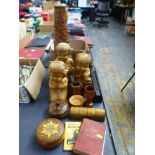 QUANTITY OF ASSORTED WOODWARE INCLUDING FIGURES. VASES, TRINKET POTS, BOXES, LEEDS STREET