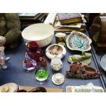 QUANTITY OF ASSORTED ORNAMENTS INCLUDING GLASS PAPERWEIGHTS, WEDGWOOD BOWL, SOAPSTONE, MINATURE