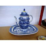 BLUE AND WHITE TEAPOT AND MEAT PLATE