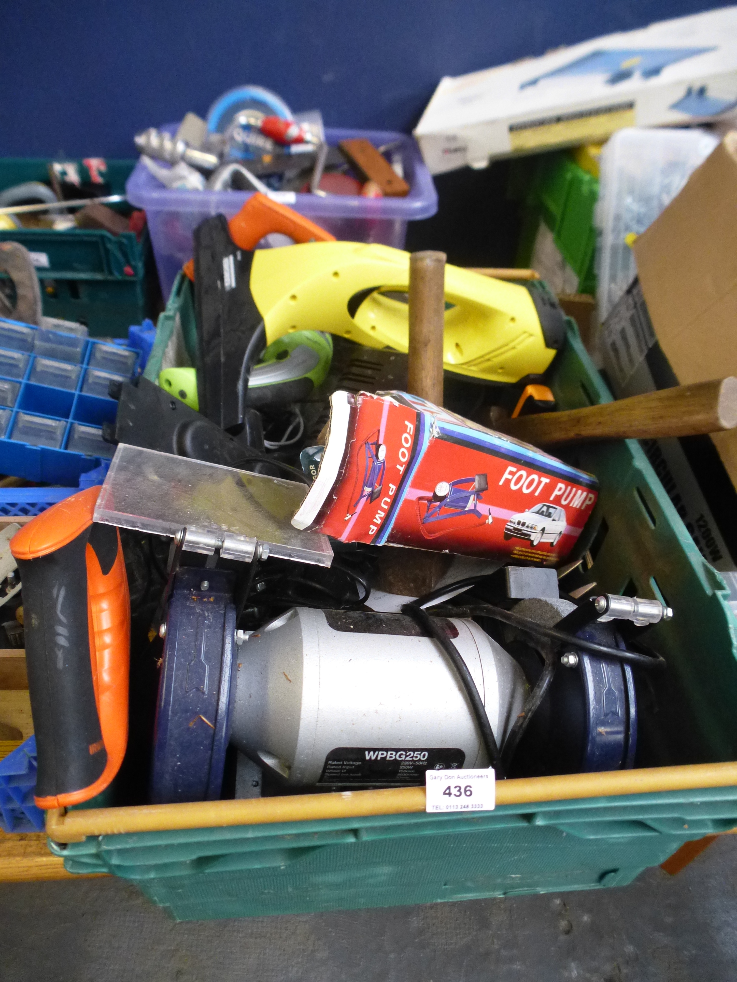 BOX OF ASSORTED TOOLS INCLUDING POWER TOOLS, GRINDER, NUTS AND BOLTS, WINDOW VAC, ACCESSORIES ETC