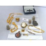 BAG OF ASSORTED COSTUME JEWELLERY INCLUDING RAF BADGE, ARP BADGE, BRACELET, CAMEO, NECKLACE,