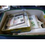 BOX OF ASSORTED USED STAMPS AND COMMEMORATIVE COVERS